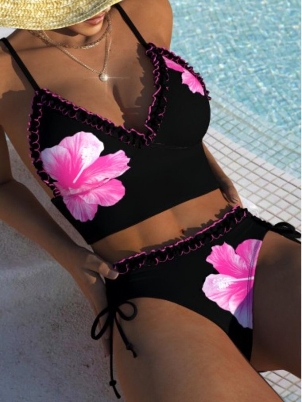Modlily Black & Pink Floral Ruffle Bikini Set - Women Swim- L- NEVER WORN